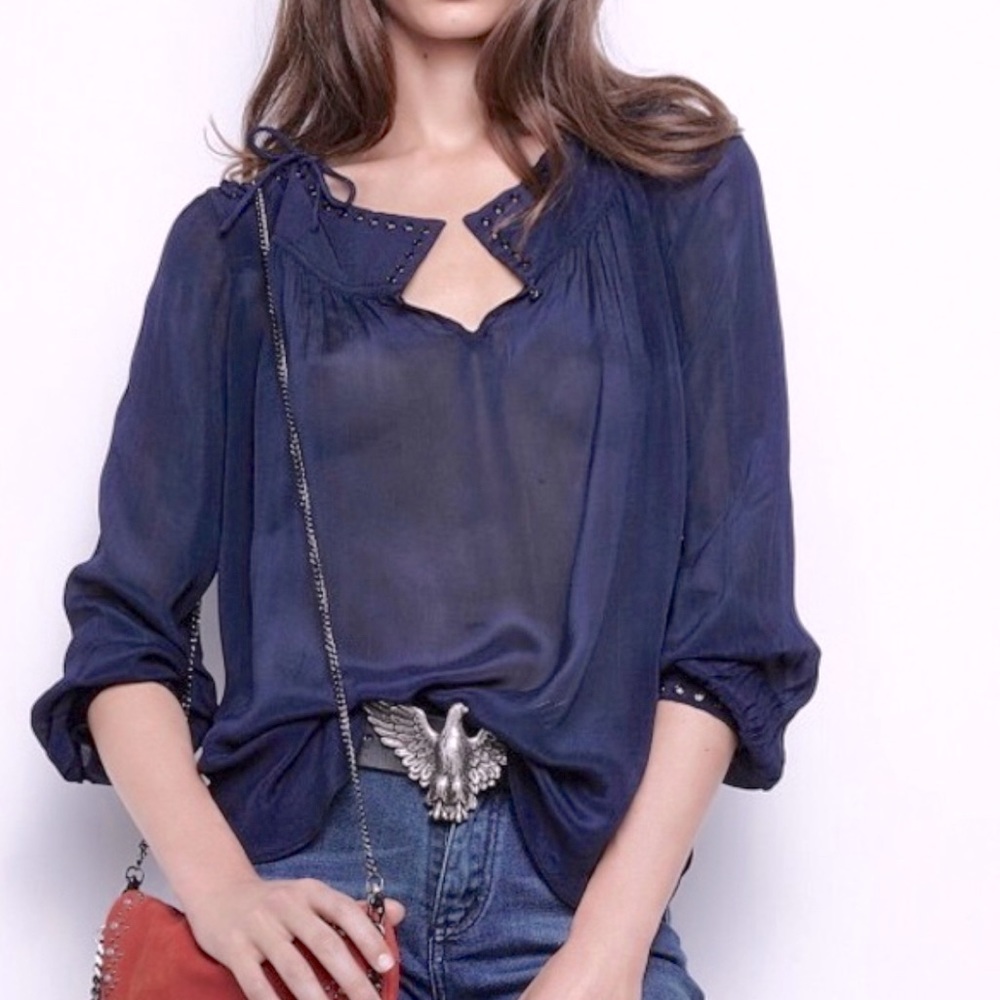 Zadig & Voltaire Navy Georgette Tirate Laced-shoulder Blouse. Size M.